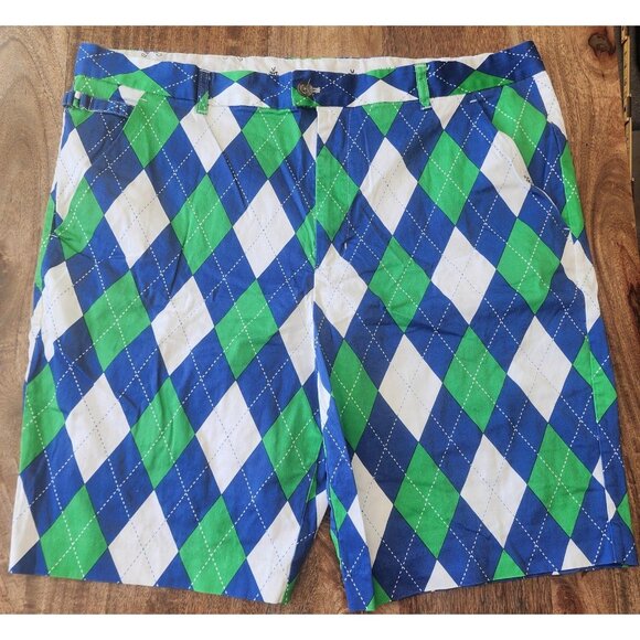 Royal & Awesome Shorts Mens 44 Blue Green Argyle Golf Stretch Flat Front DEW220 - Picture 1 of 12